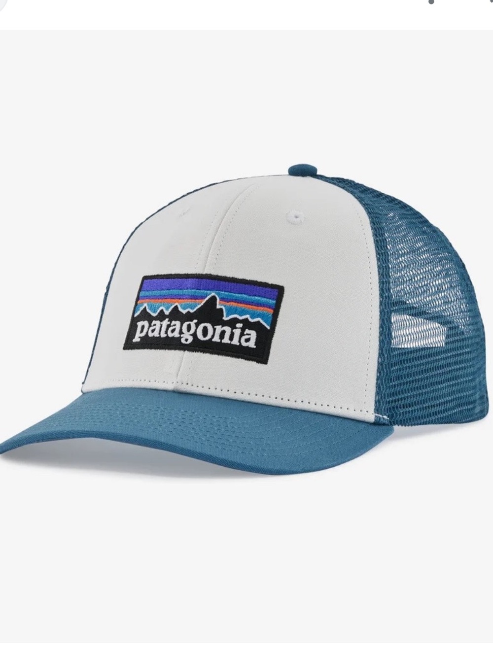 Patagonia White and Teal Mesh Trucker Hat with Multicolor Logo